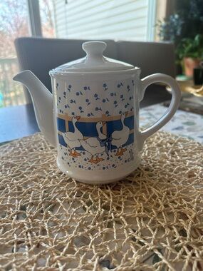 Rare & Vintage White Ceramic Teapot with Blue Goose Parade